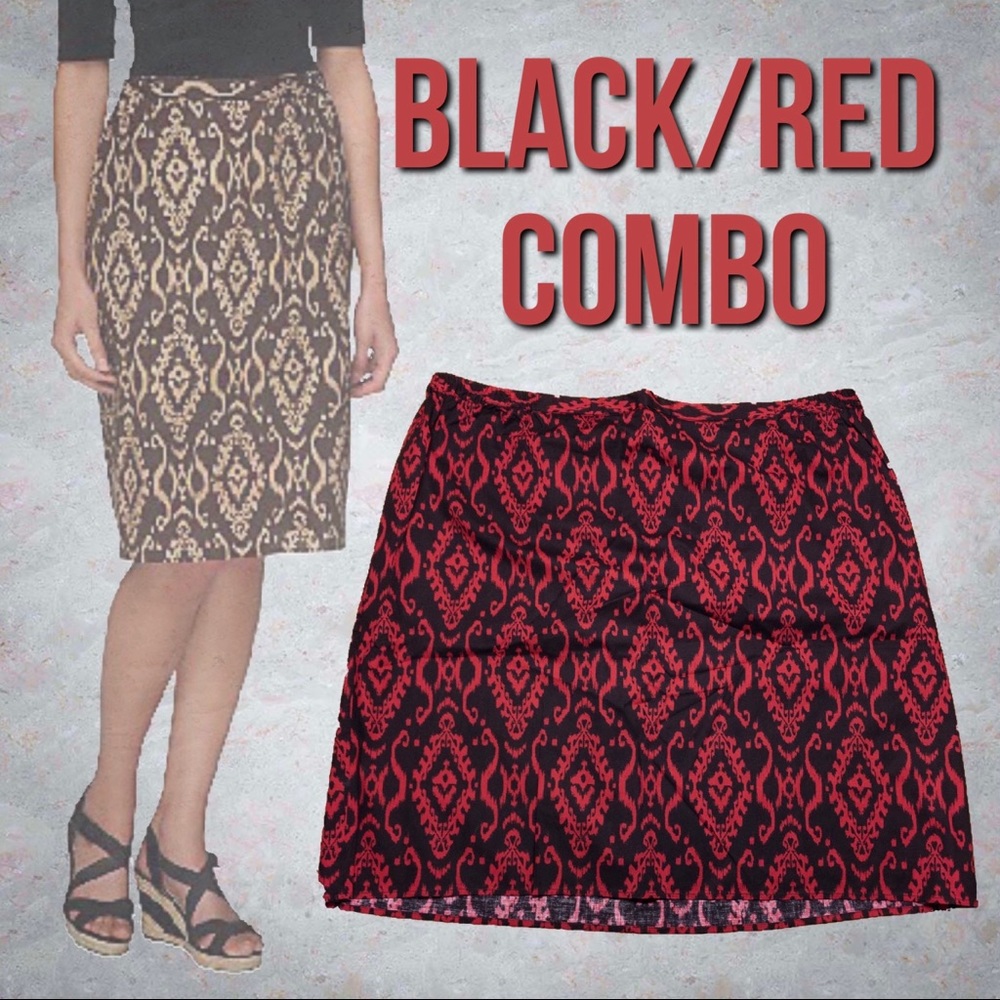 Linea by Louis Dell'Olio Ikat Printed Pull-On Skirt, 2X Black-Red Combo A254441